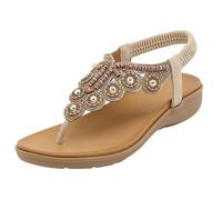 Elasticated Sandals With Arch Support Ethnic Flip Flops Women Low Wedge Heel Mules Toe Post Thong Shoes With Beaded Strap Backless Elasticated Causal Slippers T-Bar Slingback Footwear For Women