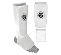 Elasticated white Shin and instep pads for Karate Muay Thai MMA UFC Taekwondo Adult/kids kick boxing shin and instep pads. (Medium/adults or 10-14 yrs)