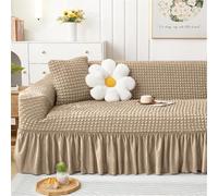 Elasticized Ruffled Sofa Cover - Anti-Cat & Anti-Dust Protector for 1-4 Seater Couch - Solid Khaki Slipcover for 3 Seater Fur Protect