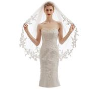 Elawbty Womens 2 Tier Fingertip Length Short Lace Wedding Bridal Veil With Comb X07, Ivory & Style 1, 2 T(1st tier 70cm/27inch,2nd tier 95cm/38 inch)