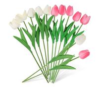 ELAYARD 10 Pcs Realistic Artificial Tulips Bouquets with Wire Stems PU Material Faux Tulip Flowers for Wedding Home Table Porch Spring Decorations White Pink
