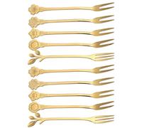 ELAYARD 10pcs Titanium Coated Two-Prong Fruit Forks for Cake and Dessert, Reusable Portable Snack Forks Set with Cherry Blossom, Rose, Leaf, Cosmos, and Balloon Flowers Designs for Home