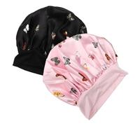 ELAYARD 2Pcs Satin Sleep Caps for Women Wide Edge Hair Bonnets for Sleeping Makeup Spa Salon Hair Care Comfortable Night Hats Butterfly Pattern in Pink and Black