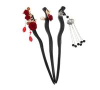 ELAYARD 3pcs Wooden Rose Flower Hair Sticks for Women with Tassel Smooth Polished Asian Headpieces Floral Hairpins Gentle Hair for Hanfu Daily Wear and Special Occasions