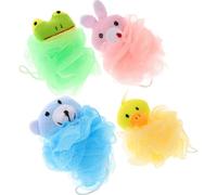 ELAYARD 4 Pcs Cartoon Animal Mesh Bath Balls Shower Scrub Sponge Set with Hanging Rope - Yellow Duck Green Frog Pink Rabbit Blue Bear Soft Bath Accessories for