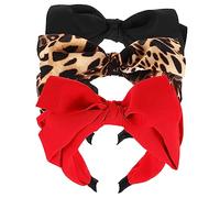 ELAYARD Bowknot Hairbands 3pcs Set with Khaki Leopard, Black, and Red Colors, Delicate Stage Hairbands for Women and Girls, Festival Hair Decor for Daily and Party Use