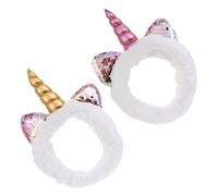 ELAYARD Unicorn Headbands 2pcs Elastic Coral Fleece Face Washing Hairbands with Silver Ears and Gold Pink Unicorns for Women Cosmetic Shower Spa Hair Accessories