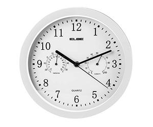 Elbe RP-2005-B Wall Clock with Thermometer and Hygrometer, Temperature and Humidity Measurement, 25 cm Diameter, White Panel, White Frame, Battery Operated, White