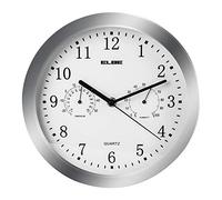 Elbe RP-3005-9 Wall Clock with Thermometer and Hygrometer, Temperature and Humidity, Diameter 25 cm, White Panel, Silver Frame, Battery Operated, Silver