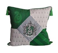 Elbenwald Harry Potter pillows with tassels in Slytherin design with embroidered crest patch in the house colors green silver 48 x 48 cm