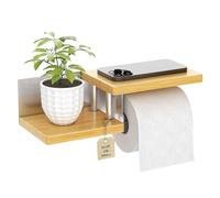ElbFuchs® Bamboo Toilet Paper Holder | Stick or Drill | Premium Wooden Toilet Roll Holder with Shelf | Stainless Steel | Toilet Roll Holder | WC Paper Holder