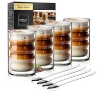 ElbFuchs® Double-Walled Latte Macchiato Glasses with Spoons - Set of 4 (400ml) | Clear Insulated Glass Cups | Ideal for Cappuccino, Coffee & Tea
