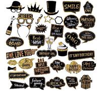 Elbourn 36 Pieces Birthday Photo Booth Props, Happy Photobooth Props Black and Gold Party for Decorations Funny Selfie Kit Favor Gift, 12 x 19 cm, (PST-EUIEYH)