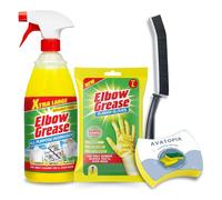 Elbow Grease All Purpose Degreaser 1L, Elbow Grease Rubber Gloves, Cleaning Sponge & Crevice Brush Bundle - Heavy Duty Kitchen Degreaser Spray, Sugar Soap Spray & All-Purpose Cleaner