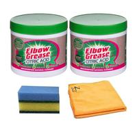 Elbow Grease Citric Acid 250g 2Pk and 1 x Microfiber Cloth & Sponge - Natural Descaler & Degreaser Cleans Stubborn Stains Removal, Rust & Limescale - Countertops, Appliances