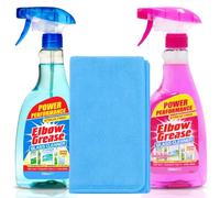 Elbow Grease Glass Cleaner with Vinegar for Windows and Mirrors 2 x 500ml | with 1x Cloth, Streak Free Window Cleaner for Windows Mirrors Shower Screens and Chrome Super Shine Household Cleaning Spray
