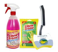 Elbow Grease Pink All-Purpose Degreaser Spray 1L, Elbow Grease Rubber Gloves, Cleaning Sponge & Crevice Brush - Ultimate Grease Remover Bundle, Multipurpose Cleaner Spray, Pink cleaning products
