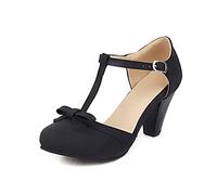 Elbslutt Women's Cute Retro Rockabilly Shoes T Strap Mary Janes Heels Chunky Cosplay Shoes Sweet Block Heeled Bow Pumps, Suede Black, 6 UK
