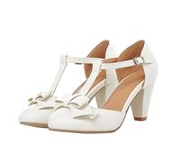 Elbslutt Women's Cute Retro Rockabilly Shoes T Strap Mary Janes Heels Chunky Cosplay Shoes Sweet Block Heeled Bow Pumps, White, 8 UK