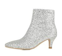 Elbslutt Women's Glitter Sparkly Booties Pointed Toe Kitten Heel Ankle Boots Side Zipper Low Mid Heeled Short Sequin Boots, Silver, 5 UK