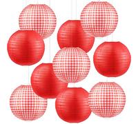 Elcoho 10 Pieces Picnic Party Decorations Paper Lanterns Round Hanging Lanterns for Summer Barbecue Birthdays Holidays Picnic Party Supplies, Pure Red, White and Red Plaid