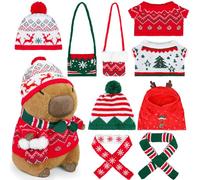 Elcoho 12 Inch Capybara Plush Toy with 9-Piece Capybara Costume Christmas Style Dress Up Stuffed Animal Plush Backpack Decoration for Xmas Holiday Birthday Gifts