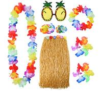 ELCOHO 8 Pieces Hawaiian Hula Grass Skirt Pineapple Sunglasses Flower Leis Necklace Bracelets Set for Hawaii Luau Party Decorations (grass color)