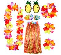 ELCOHO 8 Pieces Large Colorful Hawaiian Hula Grass Skirt Sunglasses Leis Necklace Bracelet Set (Colorful)
