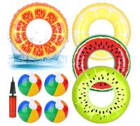 Elcoho 9 Pcs Beach Pool Party Favors, 4 Inflatable Pool Floats, 29.5" Fruits Swim Tubes Rings and 4 Pcs 9" Inflatable Beach Ball with Pump for Summer Beach Water Float Party, Swimming, Water Games