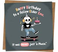 Elder Emo Birthday Card - Funny Skeleton Skateboard Design, Happy Birthday to a Fellow Elder Emo - 145mm x 145mm Greeting Card with Kraft Envelope
