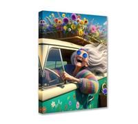 Elderly Crazy Posters Prints 1P Older Women Grandmother Cosy Canvas Wall Art Floral Car Modern Pictures Artwork for Living Room Bedroom Bathroom Home Decor Framed Gallery-Wrapped Easy Ready to Hang