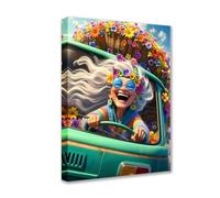 Elderly Crazy Posters Prints 1P Older Women Whimsical Rainbow Canvas Wall Art Floral Car Modern Pictures Artwork for Living Room Bedroom Bathroom Home Decor Framed Gallery-Wrapped Easy Ready to Hang