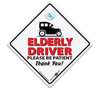 Elderly Driver Please Be Patient Window Sucker Sign, Blue, One Size, Joke Old Driver Car Sign