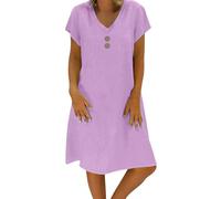 Elderly Ladies Dresses to Hide Tummy Casual Plain V Neck Bohemian Midi Dress Short Sleeve T Shirts A-Line Sundress Ladies Elegant Tunic Boho Beach Linen Summer Dresses for Women UK Purple