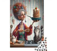Elderly Woman Cooking Jigsaw Puzzles for Adults: Grandma Serving Pancakes with Cat Educational Games for The Whole Family Women 70x50cm/1000pcs