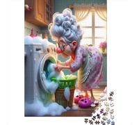 Elderly Woman Doing Laundry 1000 Piece Sturdy Cardboard Jigsaw Puzzle Set Senior Enthusiasts Concentration Training Wall Decoration 38x26cm/1000pcs
