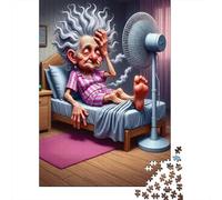 Elderly Woman Fan Cooling 1000Pc Challenging Puzzle: Crazy Grandma on Bed for Adults Teens & Seniors Brainteasing Game 70x50cm/1000pcs
