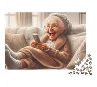 Elderly Woman Using Phone Challenging 1000 Piece Jigsaw Puzzle for Adults Granny Laughing at Phone Premium Thick Sturdy Vibrant Stress Relief 52x38cm/1000pcs