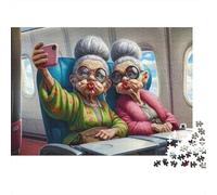 Elderly Women Airplane Selfie 1000pc Jigsaw Puzzle Adults Grannies Taking Plane Selfie Premium Thick Sturdy Vibrant Challenging Stress Relief Gift 52x38cm/1000pcs