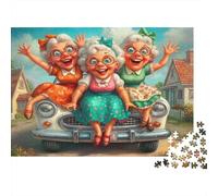 Elderly Women Driving Challenging 1000 Piece Jigsaw Puzzle for Adults Grannies Riding on Vintage Car Premium Thick Sturdy Vibrant Stress Relief 70x50cm/1000pcs