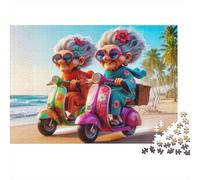 Elderly Women Scooter Ride Recycled Cardboard 1000 Pieces Jigsaw Puzzle for People with Stress And Anxiety GrandmaBeachScooter Challenging Puzzle Games 38x26cm/1000pcs