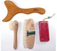 eldione 4-Piece Natural Body Care Set - Horsehair Dry Brushes for Body & Face, Anti-Cellulite Beechwood Massager, Volcanic Pumice Stone - Exfoliating Spa Kit for Women & Men Gua Sha