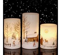 Eldnacele Christmas Flameless Candles Flickering with 6H Timer, 3 Pack Snow Scene Snowman Decal Real Wax Candles Lights LED Flames for Christmas Home Decoration Powered by 2 AA Batteries