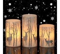 Eldnacele Christmas Flameless Candles With 6H Timer, Real Wax Flickering LED Pillar, Battery Operated With Silver Reindeer Patterns for Home Décor and Christmas Decoration