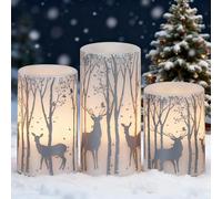 Eldnacele Christmas Flameless Candles With 6H Timer, Real Wax Flickering LED Pillar, Battery Operated With Silver Reindeer Patterns for Home Décor and Christmas Decoration