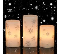 Eldnacele Christmas Flickering Flameless Candles with 6 Hour Timer, Silver Snowflake Decal Battery Operated Real Wax LED Pillar Candles Home Tabletop Holiday Decor(3Pcs,3×4/5/6 Inches)
