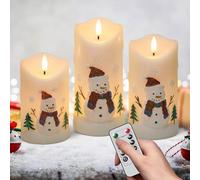 Eldnacele Christmas Snowman LED Candles with Remote Control and Timer, 3D Relief Candles with Double Wick, Battery Operated Flameless Candles for Christmas Decoration, Ø7.5 cm × H10 / 12.5/15 cm