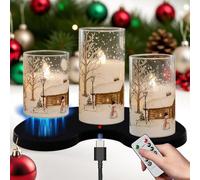 Eldnacele Christmas Snowman Rechargeable Glass LED Candles Flickering with Remote Timer, Real Wax Flameless Pillar Candles for Christmas Decorations Home Decor