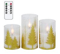 Eldnacele Christmas Tree Glass Flameless Candles with Remote Timer Battery Operated Flickering LED Pillar Candles 3 Pack Warm White Light Christmas Holiday Decor(Gold, 3 x 4,5,6 Inch)