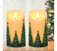 Eldnacele Christmas Tree LED Candles Battery Operated with 6 Hour Timer, Real Wax Hand-Painted Flameless Pillar Candles with Flickering Flame for Christmas Decorations(2 Pack, 3" D x 6.5" H)